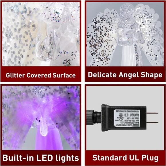 14" Lighted Christmas Angel Tree Topper - Rotary with Sequin Wings & RGB Lights - Picture 4 of 7